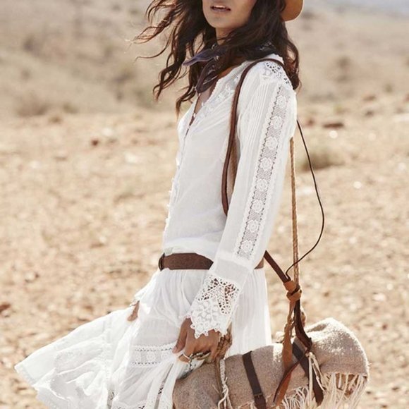 New White Prairie Lace Gypsy Boho Blouse - Picture 2 of 8